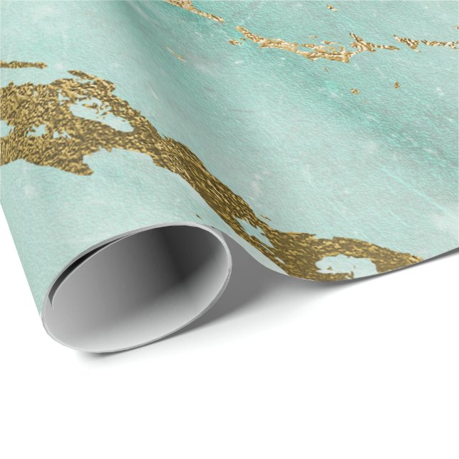 Mint Green Aqua Gold Marble Shiny Glam Wrapping Paper (Roll Corner)