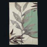 Mint Green Artistic Watercolor Leaves Tea Towel<br><div class="desc">Elegant kitchen towel features an artistic watercolor botanical print in a mint green and grey colour palette with a zen watercolor leaf and a geometric circle composition with shades of mint green and grey with black and gold accents on a linen beige background. Add a touch of elegance to your...</div>