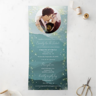 Mint Green Ash Mountain Hillside Wedding Tri-Fold Invitation