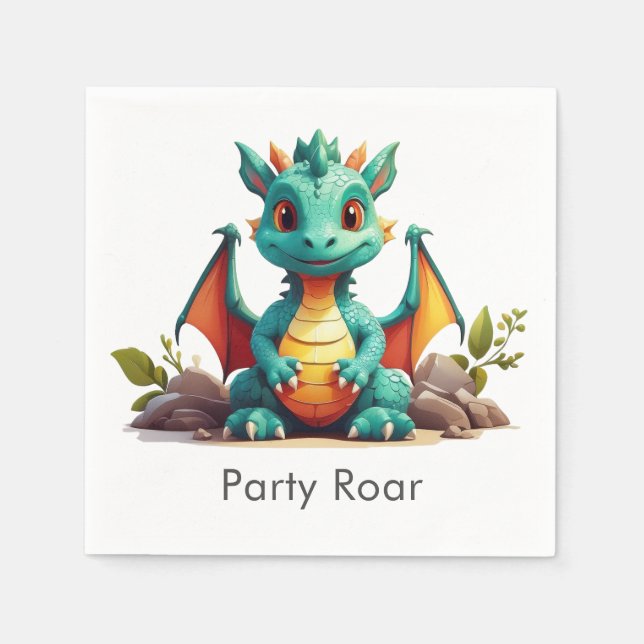 Mint Green Baby Dragon Party Roar Paper Napkins (Front)