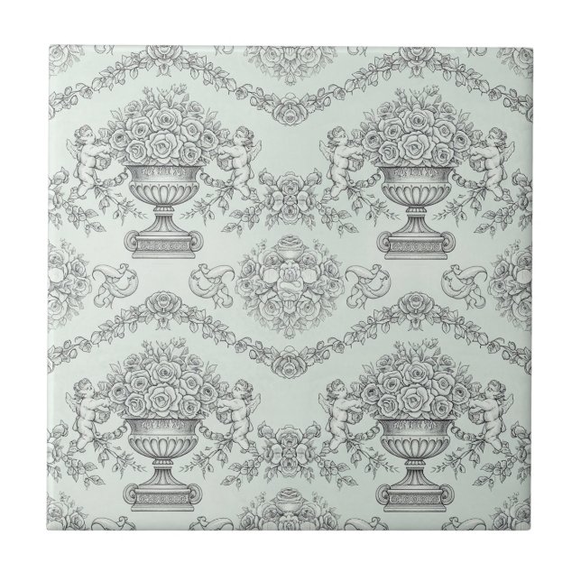 Mint Green Baroque Cherub and Floral Urn Toile Tile (Front)