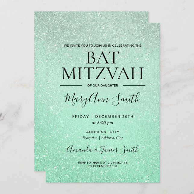 Mint Green Bat Mitzvah Faux Glitter Paint Invitation (Front/Back)