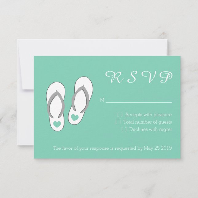Mint green beach slippers RSVP wedding cards (Front)