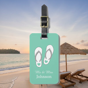 Mint green beach slippers travel luggage tags