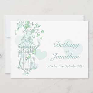Mint green birds open cage wedding invitation