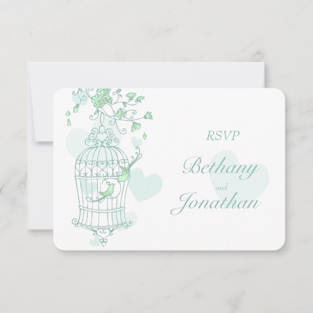 Mint green birds open cage wedding RSVP (Front)