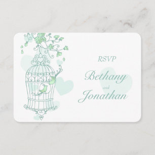 Mint green birds open cage wedding RSVP Card