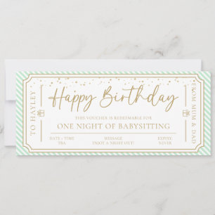 Mint Green Birthday Babysitting Gift Voucher Card