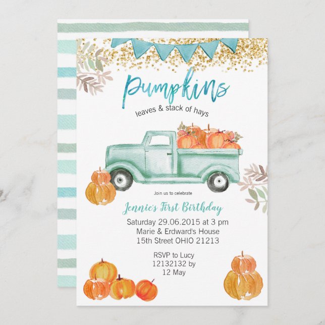 Mint Green Birthday Blue Pumpkin Truck Birthday Invitation (Front/Back)
