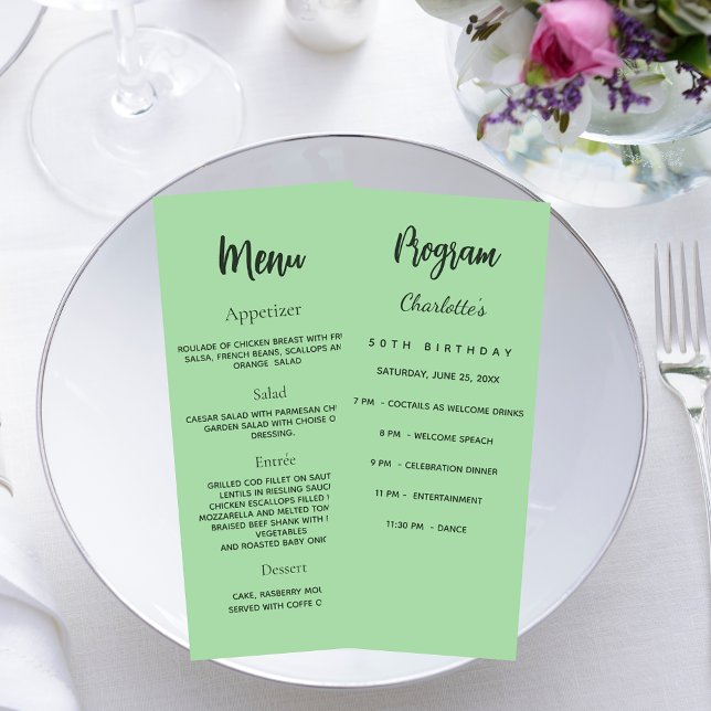 Mint green birthday program dinner menu card (Creator Uploaded)