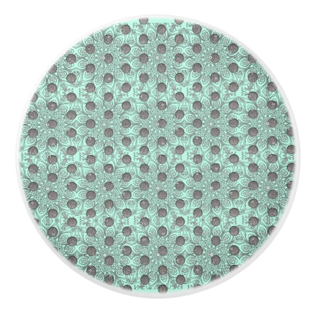 Mint Green, Black, and Grey Polka Dots Pattern Ceramic Knob (Front)