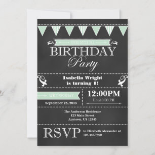 Mint Green Black Chalkboard Birthday Invitation