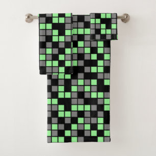 Mint Green, Black, Grey Random Mosaic Squares Bath Towel Set