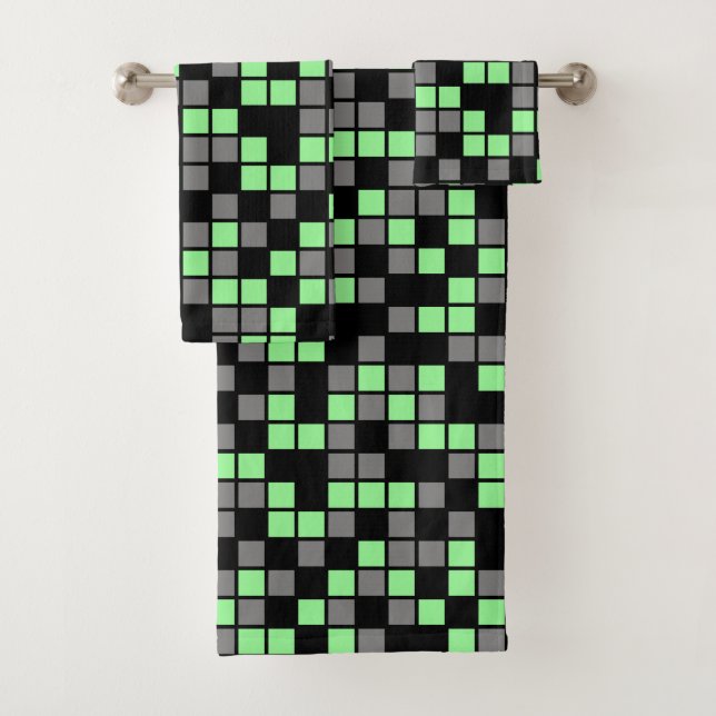 Mint Green, Black, Grey Random Mosaic Squares Bath Towel Set (Insitu)
