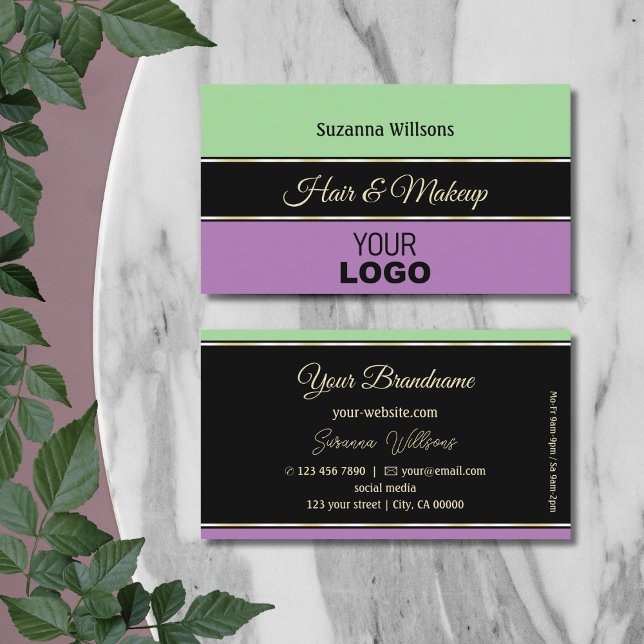 Mint Green Black Lavender Stripes with Logo Modern Business Card (Creator Uploaded)