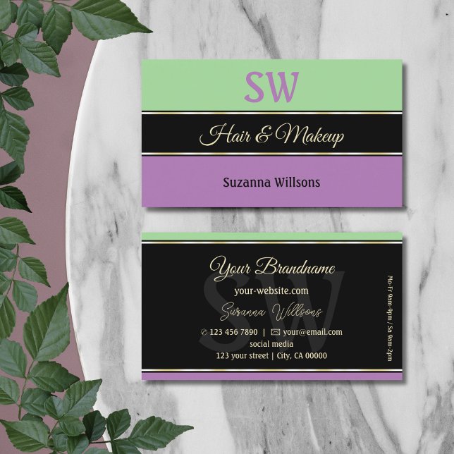 Mint Green Black Lavender Stripes with Monogram Business Card (Creator Uploaded)