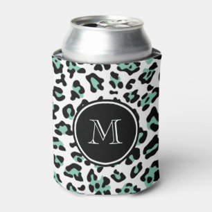 Mint Green Black Leopard Animal Print with Monogra Can Cooler