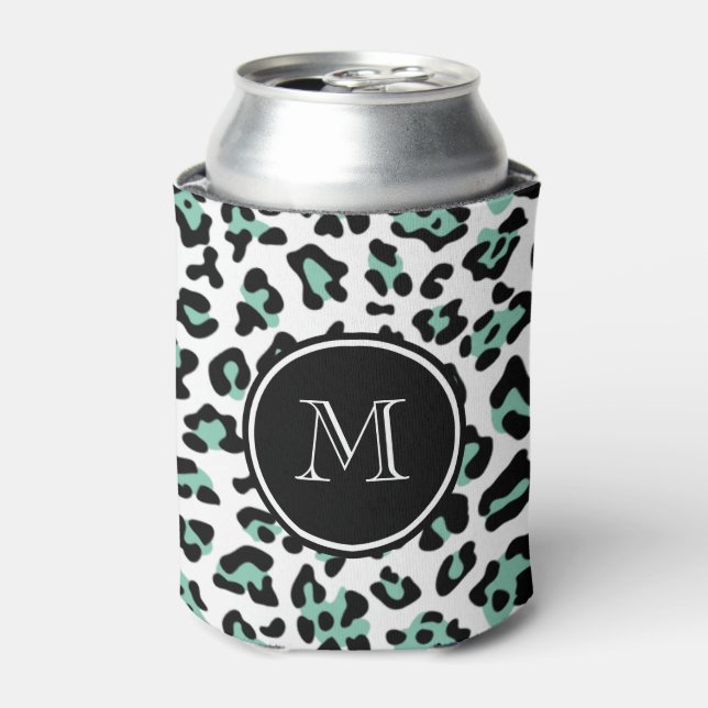Mint Green Black Leopard Animal Print with Monogra Can Cooler (Can Front)