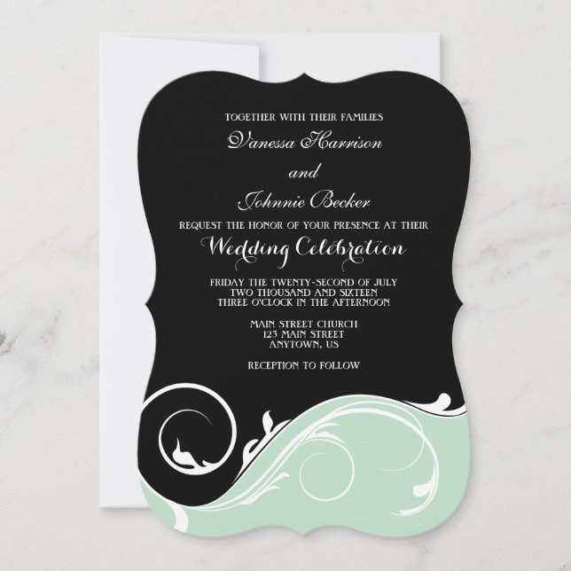 Mint Green Black Swirl Bracket Wedding Invites (Front)