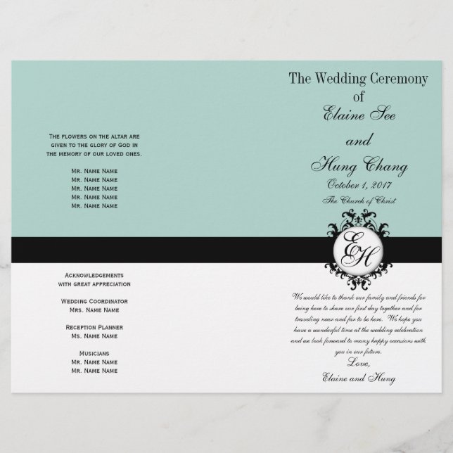 Mint Green Black Wedding Program Chic Monogrammed (Front)