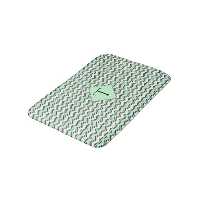 Mint green Black & White Chevron, Custom Monogram Bath Mat (Angled)