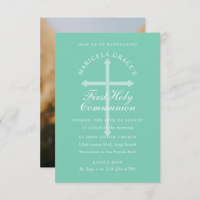 Mint Green Blue Cross First Communion Invitation (Front/Back)