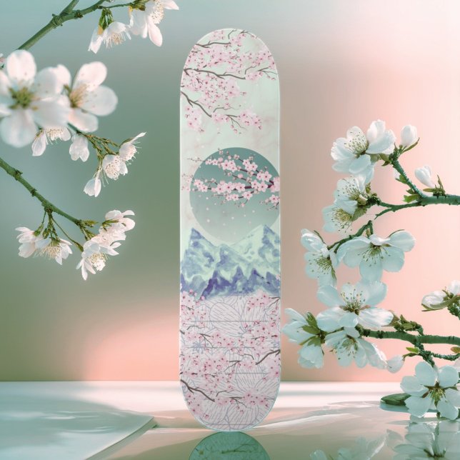 Mint Green Blue Pink Cherry Blossom Moon Mountain  Skateboard (Creator Uploaded)
