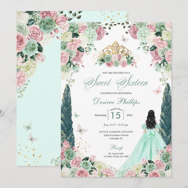 Mint Green & Blush Enchanted Garden Sweet Sixteen Invitation (Front/Back)