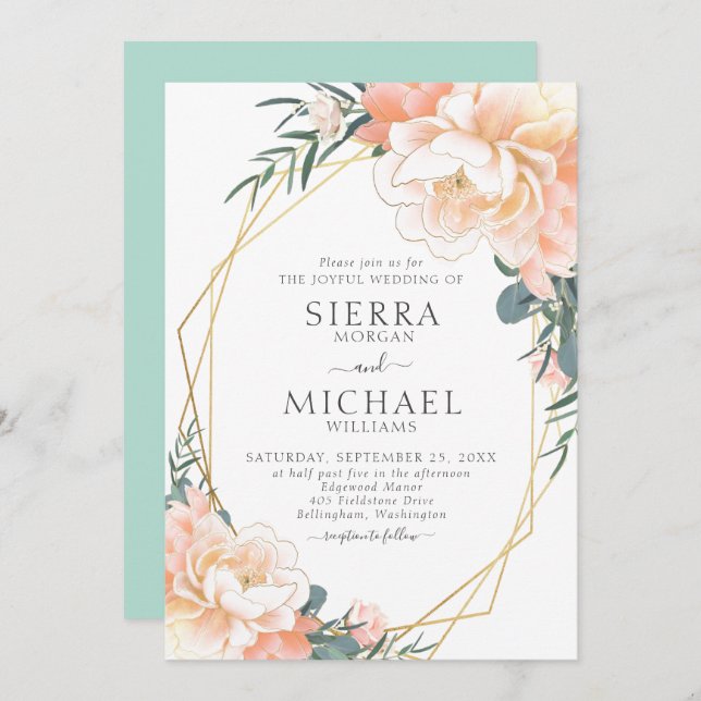 Mint Green Blush Gold Peach Cream Floral Wedding Invitation (Front/Back)