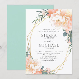 Mint Green Blush Gold Peach Cream Floral Wedding Invitation