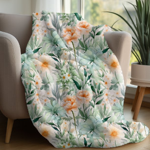 Mint Green Blush Peach Spring Watercolor Floral Fleece Blanket