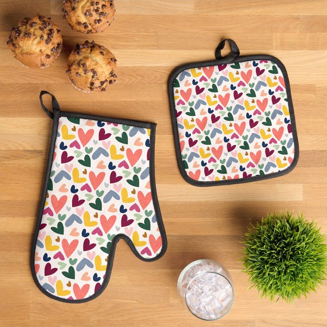 Mint Green Blush Pink Blue Hearts Art Pattern Oven Mitt & Pot Holder Set (Creator Uploaded)