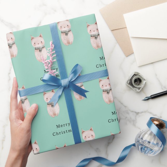 Mint Green Blush Pink Cat Christmas Wrapping Paper (Gifting)