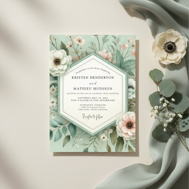 Mint Green Botanical Bloom Wedding Invitation (Creator Uploaded)