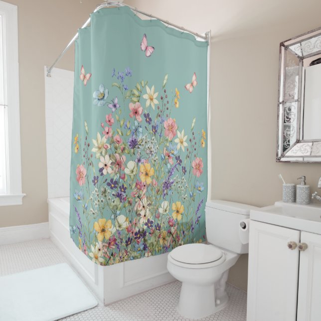 Mint Green Botanical Floral Shower Curtain (In Situ)