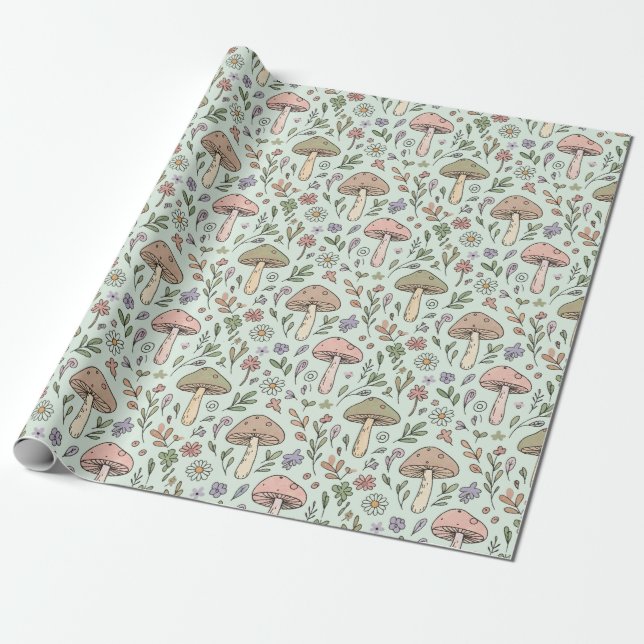 Mint Green Botanical Fungi Seamless Pattern Wrapping Paper (Unrolled)