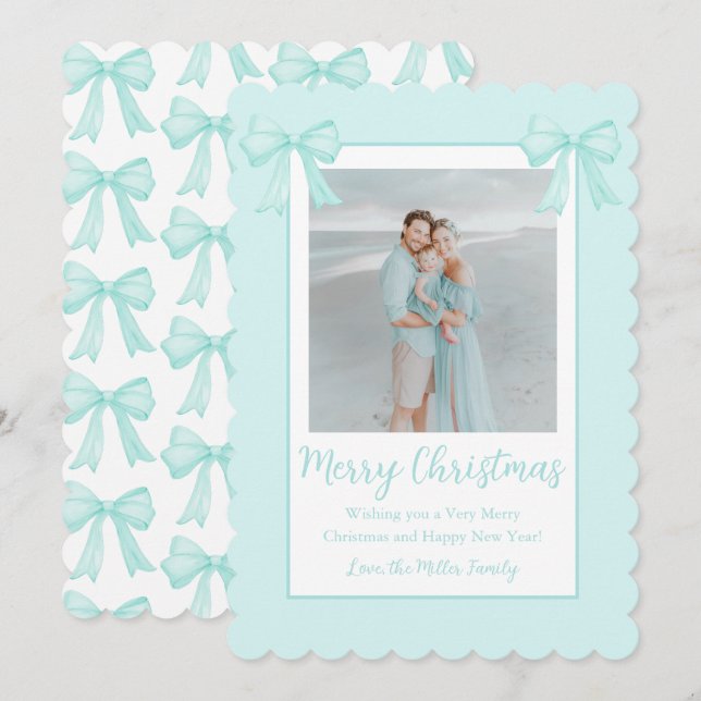 Mint Green Bows Personalised Christmas Photo Holiday Card (Front/Back)