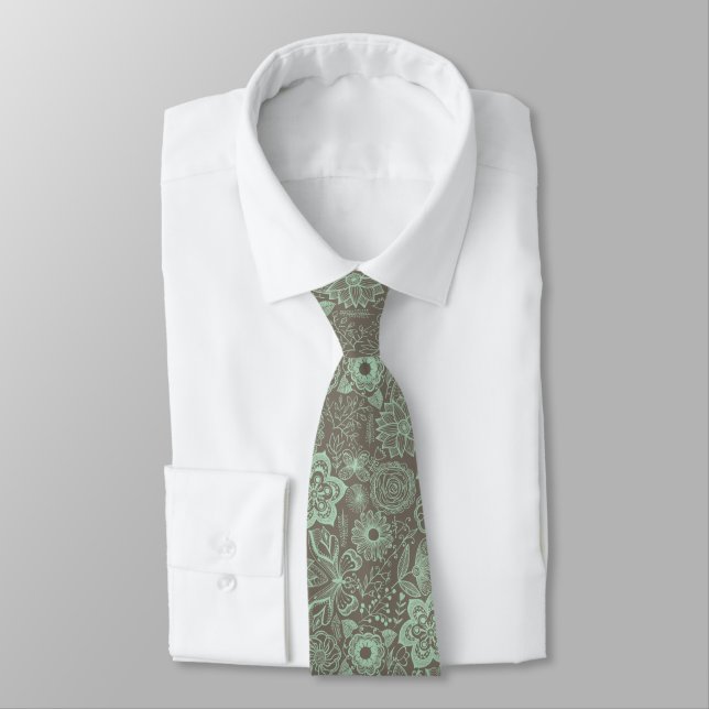 Mint-Green & Brown Lace Pattern Tie (Tied)