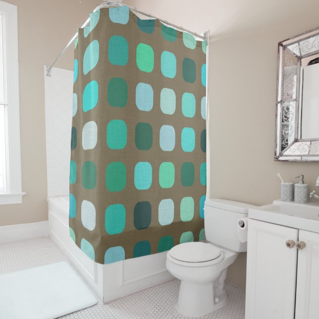 Mint Green Brown Retro Chic Round Squares Pattern Shower Curtain (In Situ)