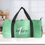 Mint Green Brushed Metal Black White Monogram  Duffle Bag<br><div class="desc">This personalised duffel bag features a monogram and first name in modern black and white script on a glam mint green faux brushed metal background.</div>