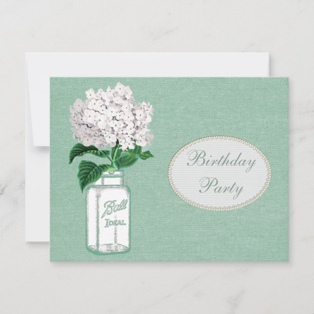 Mint Green Burlap, Jar & Hydrangea Birthday Party Invitation (Front)