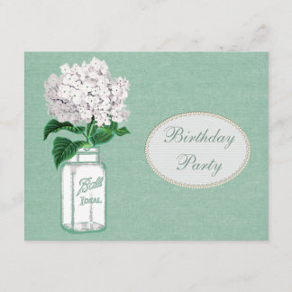 Mint Green Burlap, Jar & Hydrangea Birthday Party Invitation