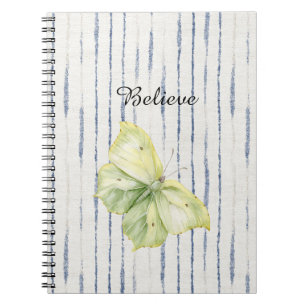 Mint Green Butterfly Believe Blue White Stripes Notebook