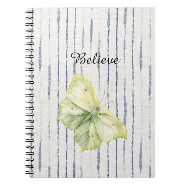 Mint Green Butterfly Believe Blue White Stripes Notebook (Front)