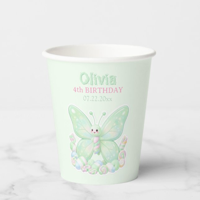 Mint Green Butterfly Birthday Paper Cups (Front)