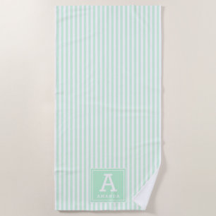 Mint Green Cabana Stripes Monogrammed Initials Beach Towel
