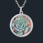 Mint Green Cactus Succulent Photo Beauty Script Silver Plated Necklace<br><div class="desc">I’ve always been mesmerised by the durability and beauty of cacti, which thrive in the harshest of conditions. Embrace the splendour of the desert whenever you wear this stunning close-up photo charm necklace of a pink-tipped, mint green, blossoming cactus. This necklace comes in small, medium and large sizes, as well...</div>