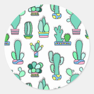 Mint Green Cactus & Succulent Plant Pattern Classic Round Sticker