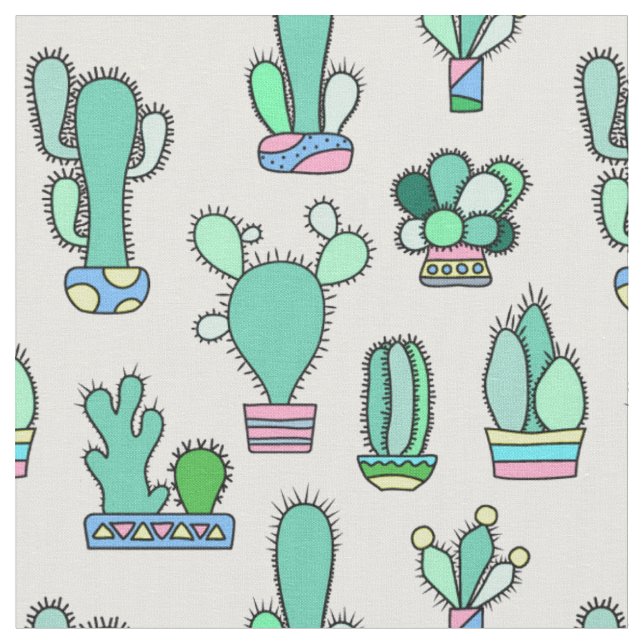 Mint Green Cactus & Succulent Plant Pattern Fabric (Close Up)