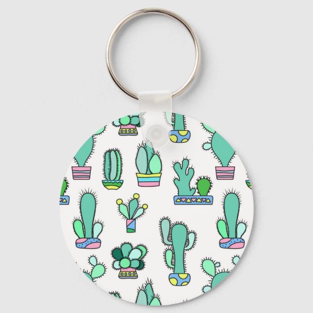 Mint Green Cactus & Succulent Plant Pattern Key Ring (Front)